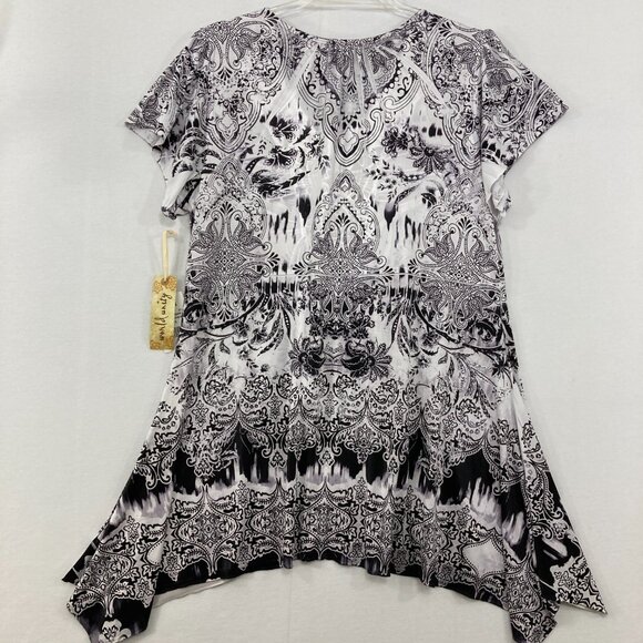 New World Unity size XL Black White Embellished Split Neck Boho Festival Top - Picture 8 of 9